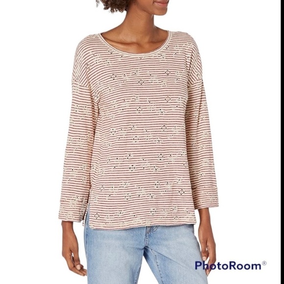 Lucky Brand Comfortable red stripe floral eyelet embroidery drop long sleeve top - Picture 1 of 8